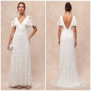 Lulus Small Safiya White Sequin Flutter Sleeve Wedding Dress With Train NWT